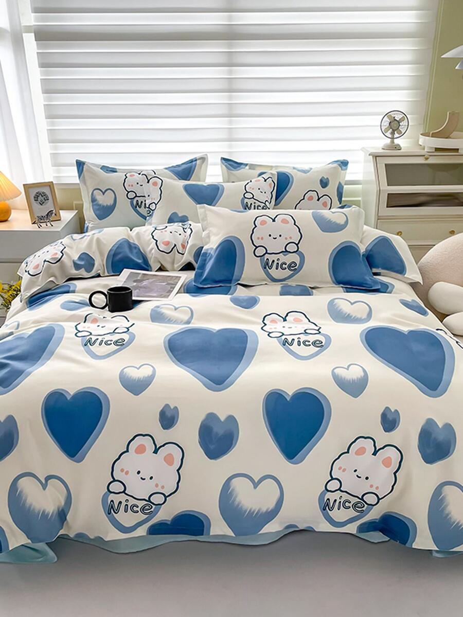 Cartoon Rabbit & Heart Pattern Duvet Cover Without Filler, Cute Fabric Quilt Cover, For Bedroom - Multicolor - View 1