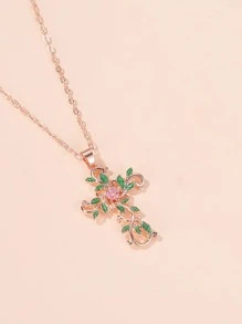1pc Fashionable Flower Cross Cubic Zirconia Necklace - Multicolor - View 1