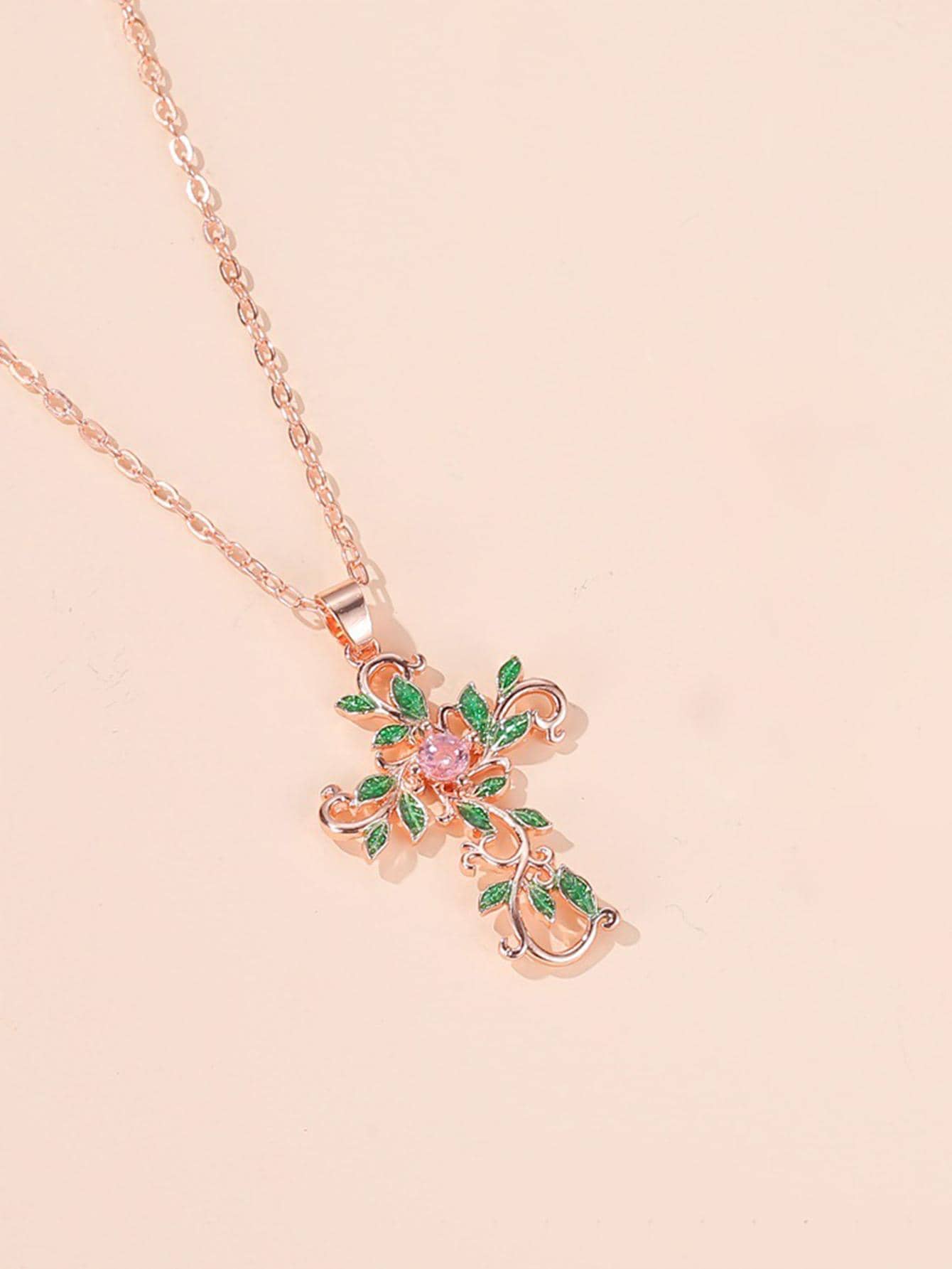 1pc Fashionable Flower Cross Cubic Zirconia Necklace - Multicolor - View 1