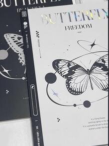 1 pieza Cuaderno con estampado de mariposa - Blanco y Negro - Ver 4