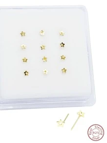 12 件 925 银直鼻钉星形鼻环耳钉适合女士男士女孩鼻环饰品 - 金黃色 - 查看 1