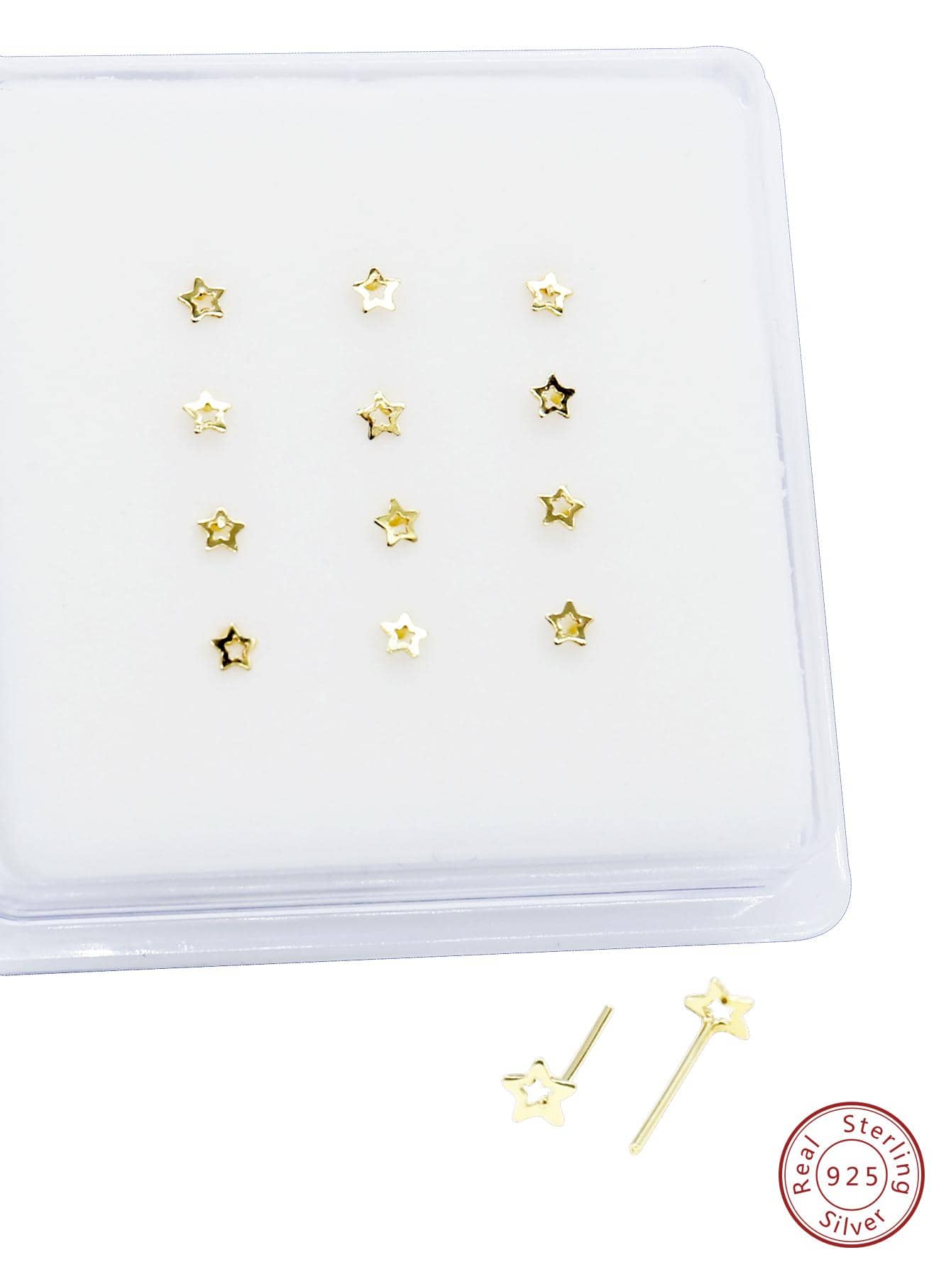 12 件 925 银直鼻钉星形鼻环耳钉适合女士男士女孩鼻环饰品 - 金黃色 - 查看 1