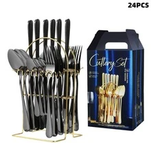 24pcs Stainless Steel Cutlery Set - Black - View 1