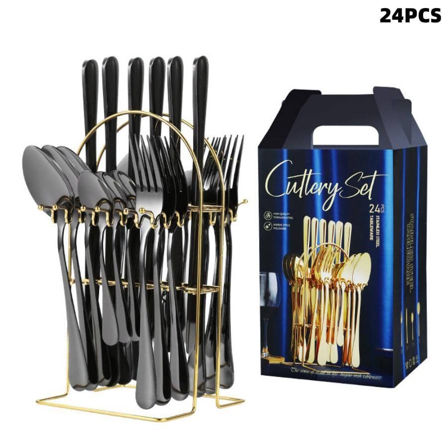 24pcs Stainless Steel Cutlery Set - Black - View 1