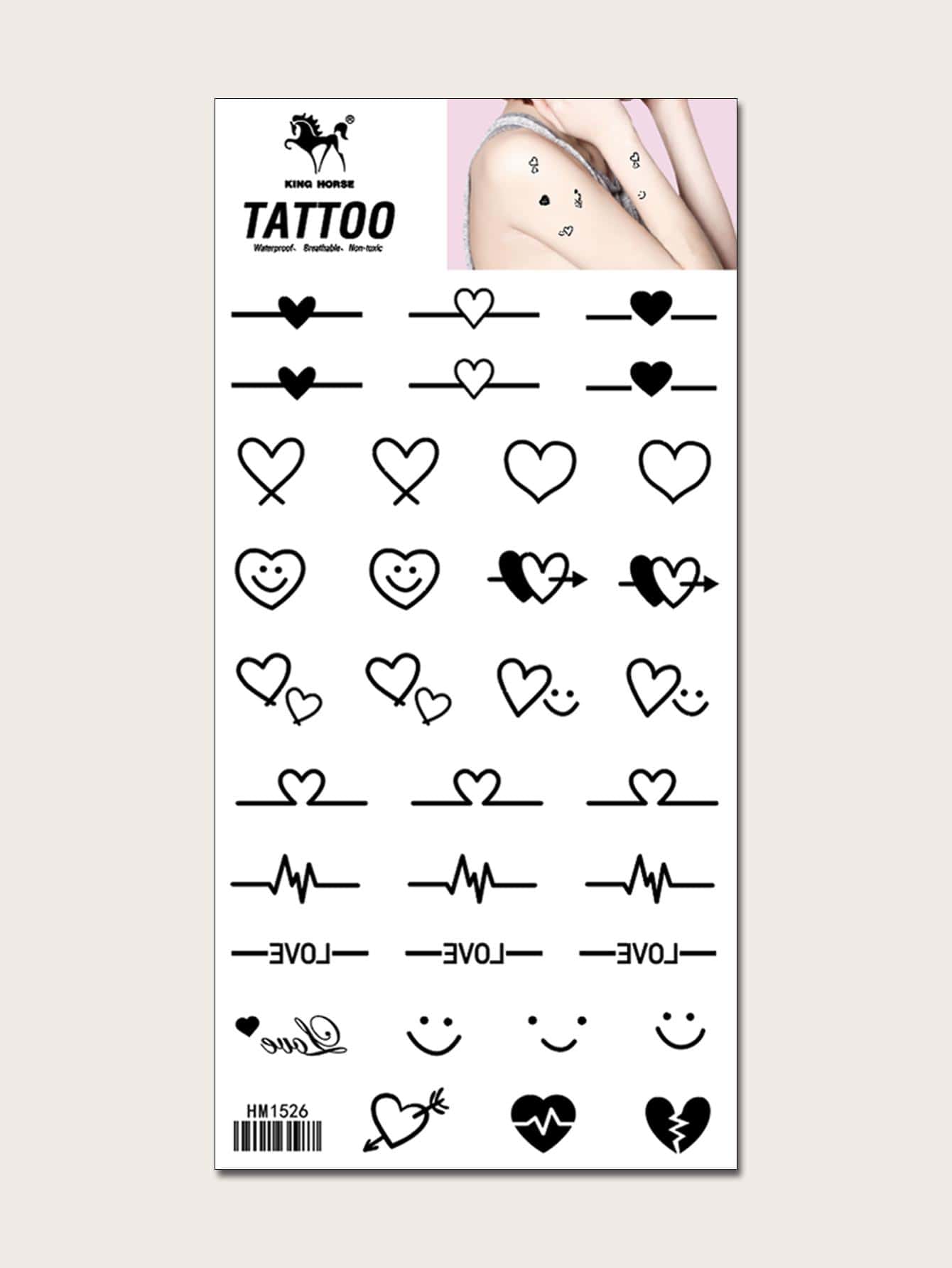 KING HORSE 1 hoja de pegatina de tatuaje con patrón de corazón, tatuaje temporal resistente al agua de larga duración, calcomanías de arte corporal Diy, - Negro - Ver 1