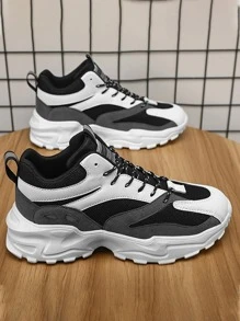 Men Colorblock Chunky Sneakers, Lace-Up Front Sporty Sneakers, Suitable For Jeans Active Wear - Black and White - View 3