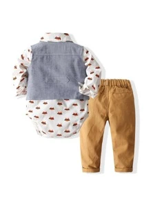 KIMOCAT 男嬰卡通圖案前蝴蝶結連體衣和夾克背心和褲子套裝 - 彩色 - 查看 2