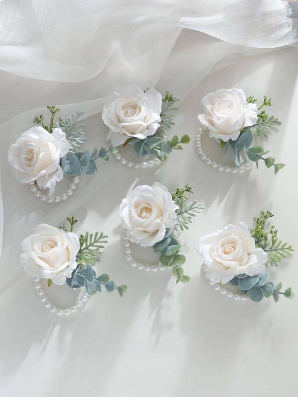 6 Stück Rose & Kunstperle Mori Stil romantische Handgelenk-Corsage, geeignet für Hochzeit & Party, Valentinstag