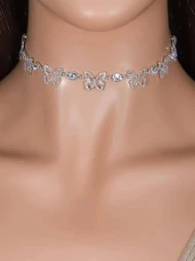 水鑽蝴蝶裝飾項鍊 - 銀色 - 查看 7