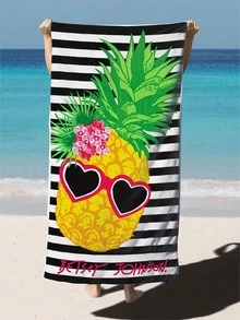 1pc Pineapple & Striped Pattern Beach Towel, Comfortable Fiber Bath Towel For Vacation, Swimming, Travel, Bath - Multicolor - View 1