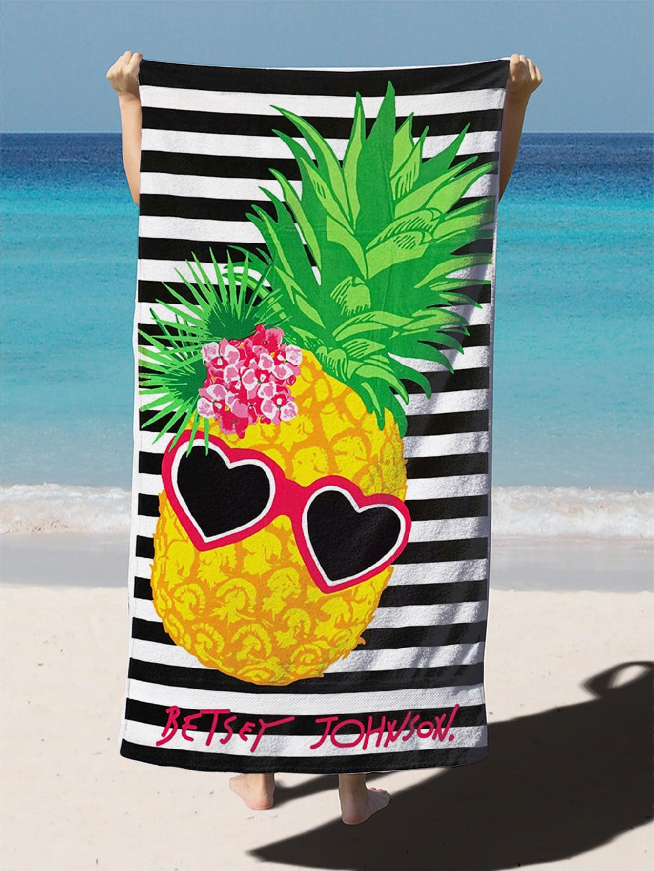 1pc Pineapple & Striped Pattern Beach Towel, Comfortable Fiber Bath Towel For Vacation, Swimming, Travel, Bath - Multicolor - View 1
