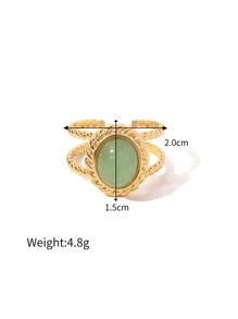 Uworld 1 件椭圆形装饰袖口戒指天然宝石不锈钢开口戒指防水珠宝女士日常装饰 - 金黃色 - 查看 4