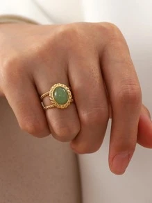 Uworld 1 件椭圆形装饰袖口戒指天然宝石不锈钢开口戒指防水珠宝女士日常装饰 - 金黃色 - 查看 5