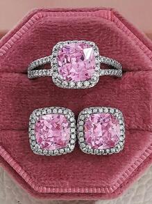 3入組/套魅力四射方晶鋯石裝飾首飾套裝適合女士日常裝飾 - 粉色 - 查看 3