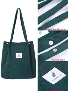 單肩包女士燈芯絨帆布包旅行派對收納帶鈕扣手袋時尚戶外休閒購物收納袋手提包包適合女孩 - 綠色 - 查看 4