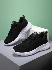 女式運動跑鞋，字母拼貼裝飾前繫帶運動鞋 - 黑色 - 查看 1