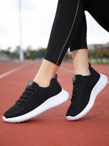 女式運動跑鞋，字母拼貼裝飾前繫帶運動鞋 - 黑色 - 查看 3