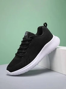 女式運動跑鞋，字母拼貼裝飾前繫帶運動鞋 - 黑色 - 查看 2