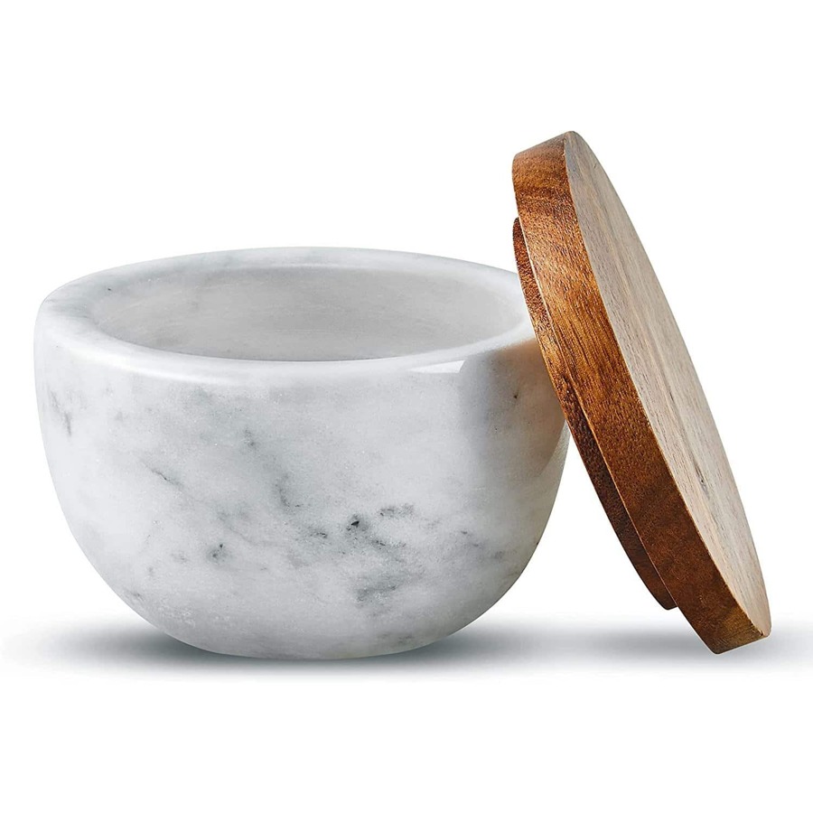 Large Salt Box Spice Seasonings Keeper Pepper Container,Marble Base with Wooden Cover,Salt Cellar Big Capacity Elegant Design (Dark Grey)…