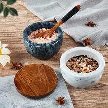 Large Salt Box Spice Seasonings Keeper Pepper Container,Marble Base with Wooden Cover,Salt Cellar Big Capacity Elegant Design (Dark Grey)…