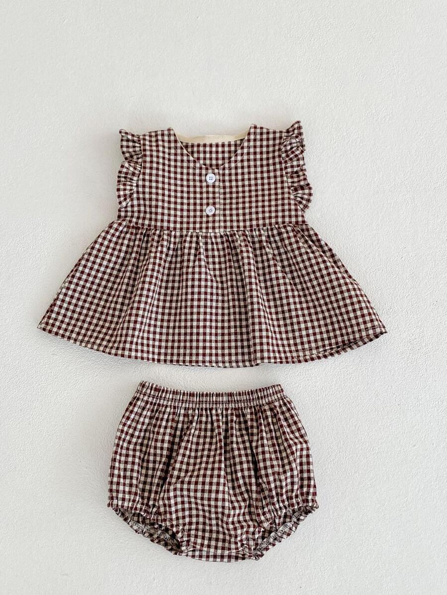 Baby Girl Summer Outfits 0-3Y Classic Plaid Cap Sleeve Top And Shorts Set Baby Clothing