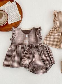 Baby Girl Summer Outfits 0-3Y Classic Plaid Cap Sleeve Top And Shorts Set Baby Clothing