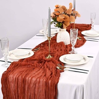 1pc Cheesecloth Table Runner Terracotta, Boho Style Long Gauze Romantic Table Runner For Wedding Reception Bridal Shower Baby Shower Holiday Thanksgiving Birthday Party Table Dining Room Dresser Decor, Mother's Day Decor, Home Decor, Scene Decor