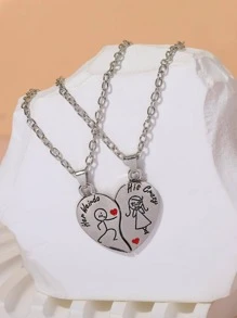 2pcs/set Couple Figure Detail Heart Charm Necklace - Silver - View 2