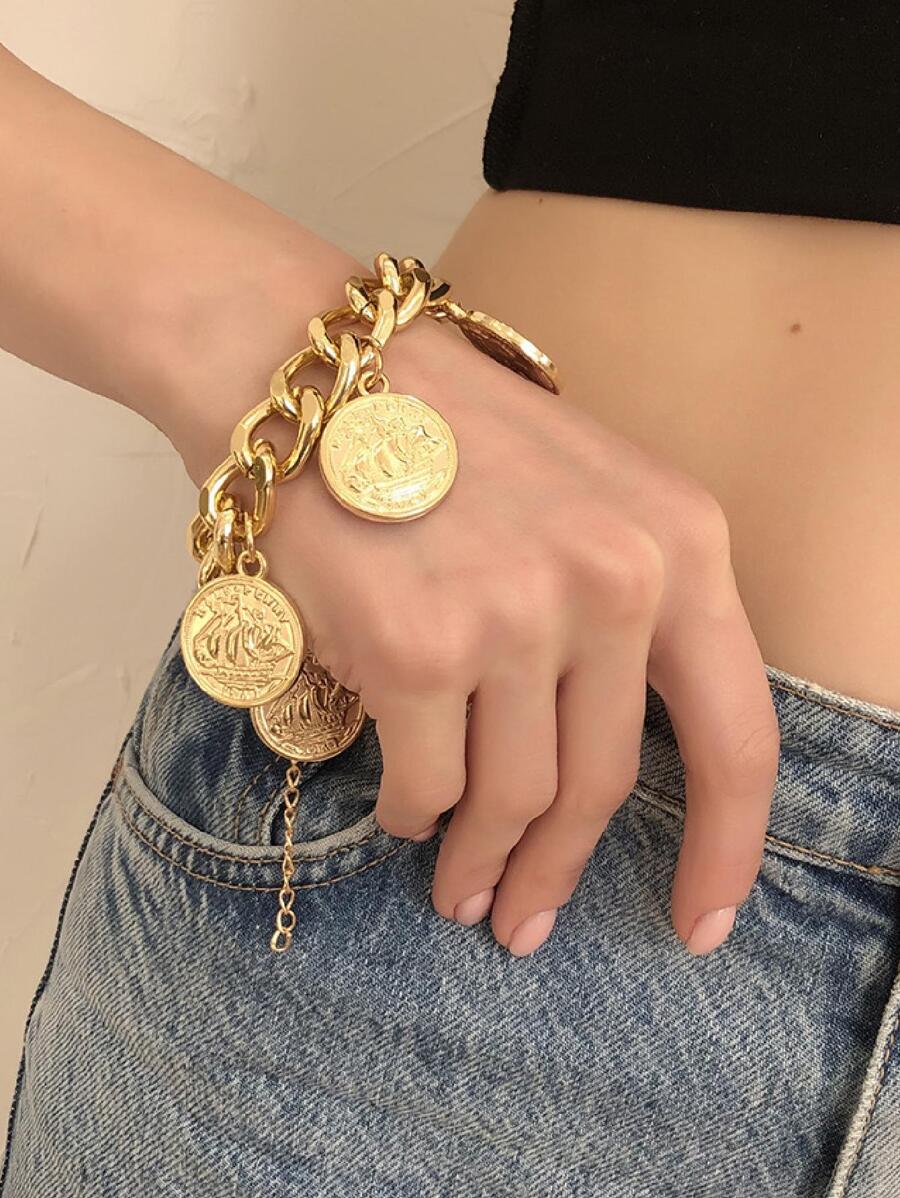 紋理質感硬幣墜飾手鏈 - 金黃色 - 查看 1