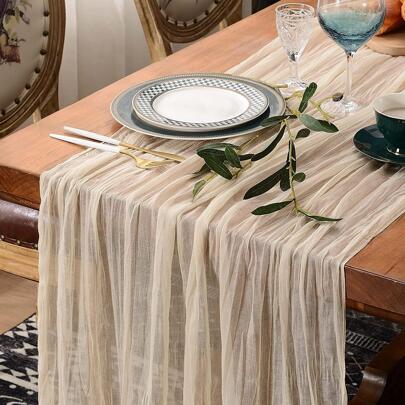 1pc Cheesecloth Table Runner Beige, Boho Style Long Gauze Romantic Table Runner For Wedding Reception Bridal Shower Baby Shower Holiday Thanksgiving Birthday Party Table Dining Room Dresser Decor, Mother's Day Decor, Home Decor, Scene Decor