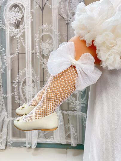 1双女童蝴蝶结和仿珍珠装饰可爱渔网过小腿袜，适合日常生活