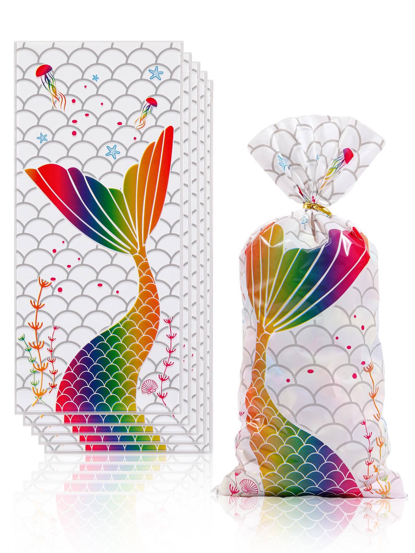 50 chiếc Túi quà họa tiết vảy nàng tiên cá, Túi quà sinh nhật hình đuôi nàng tiên cá ba chiều, Túi dây rút chống nước hình con bướm màu hồng, Túi đóng gói quà tặng cho bữa tiệc Unicorn - Nhiều màu - Xem 1