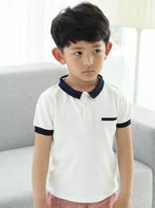 Áo có cổ Trai Tương phản ren Tương phản ràng buộc Khối Màu Giải trí - trắng - Xem 1