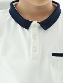 Áo có cổ Trai Tương phản ren Tương phản ràng buộc Khối Màu Giải trí - trắng - Xem 3