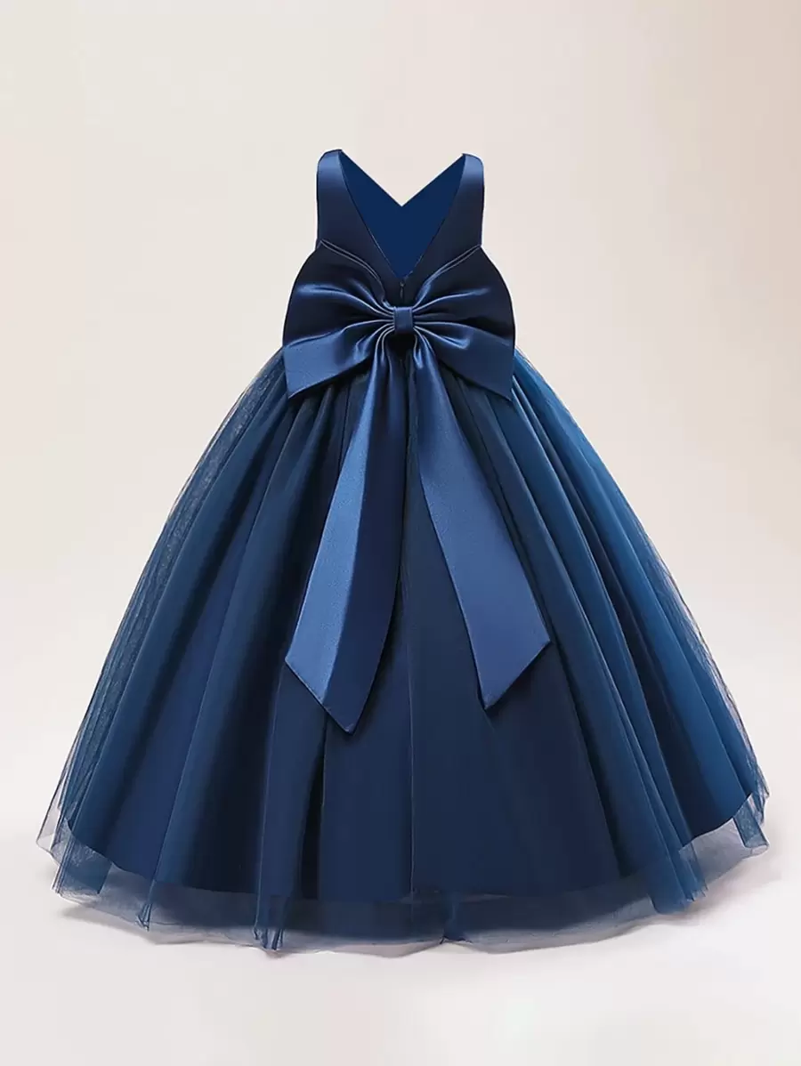 Tween Girls' Tulle Dress With Big Bow, School Style Formal Dress, Excluding Headband - Navy Blue - View 1
