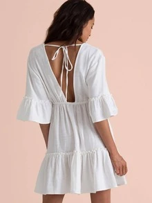 Solid Ruffle Hem Cover Up Summer - White - View 2