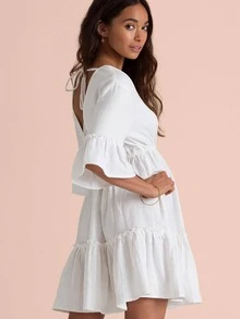 Solid Ruffle Hem Cover Up Summer - White - View 4