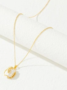 方晶鋯石裝飾珍珠吊墜項鍊 - 金黃色 - 查看 6