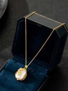 方晶鋯石裝飾珍珠吊墜項鍊 - 金黃色 - 查看 1