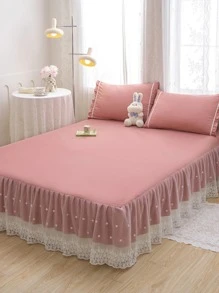 1 Piece Pink Lace Bed Skirt, Simple Washed Lace Bed Skirt, Suitable For Home, Dormitory All Seasons (1 Bed Skirt, Pillowcases Not Included) - Dusty Pink - View 1