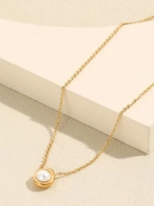 Vòng cổ mặt dây chuyền ngọc trai giả - Vàng - Xem 1