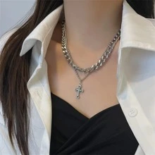 Collar vintage con colgante de cruz de doble capa para mujer, cadena de personalidad de moda europea y americana, accesorio de moda de hip hop para hombres y mujeres, cadena de clavícula
