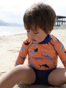 嬰兒女童鯊魚印花高領泳衣 - 彩色 - 查看 3