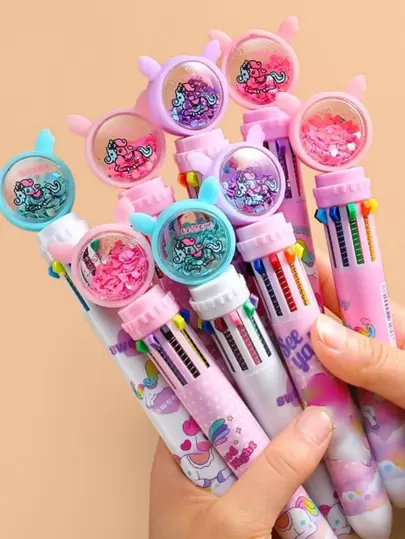 1入組隨機可愛獨角獸彩色十色圓珠筆卡通彩色圓珠筆0.5mm筆芯