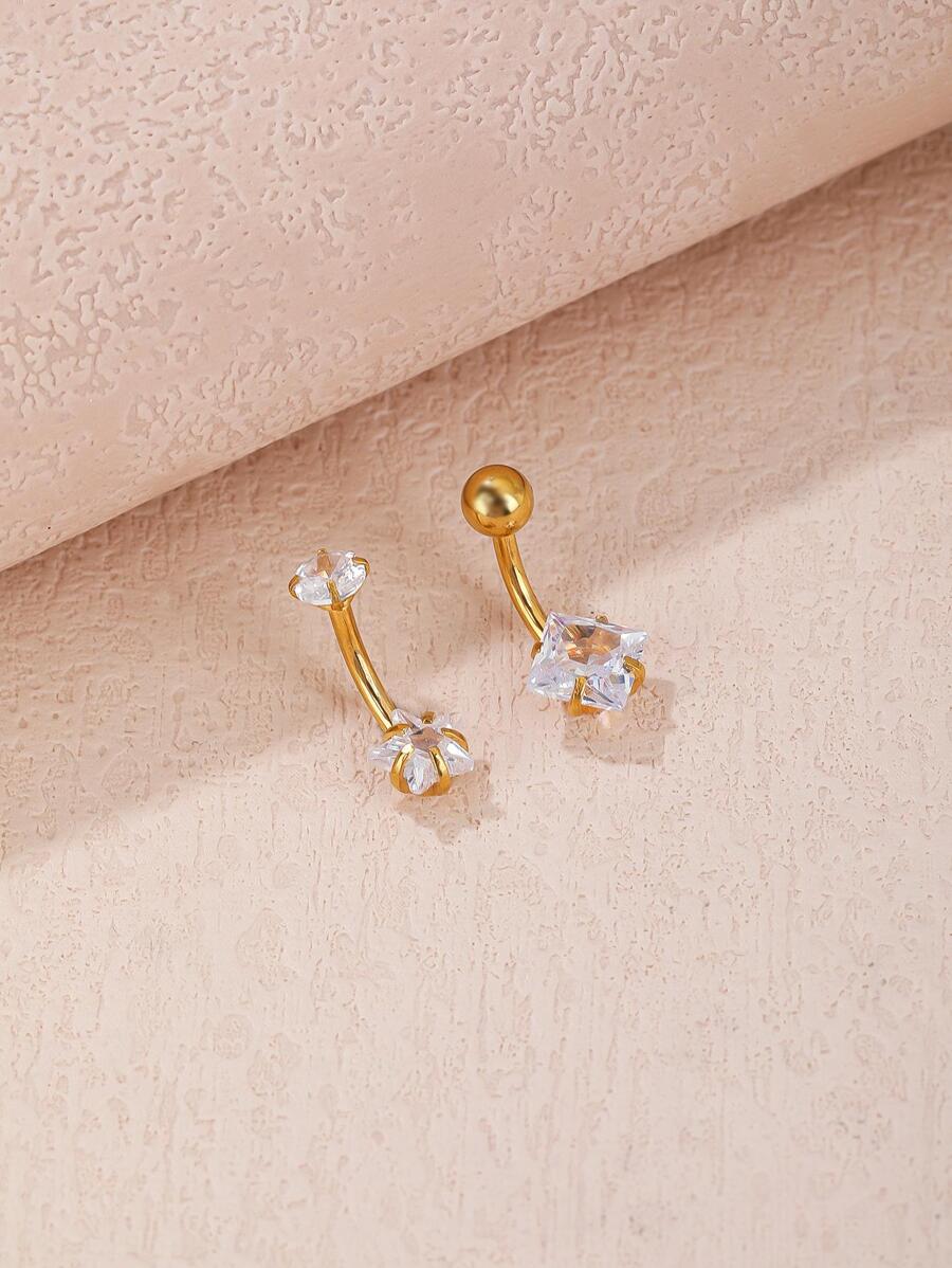 2入組不銹鋼方晶鋯石臍腹環女士華麗風格暑假約會禮物 - 金黃色 - 查看 1