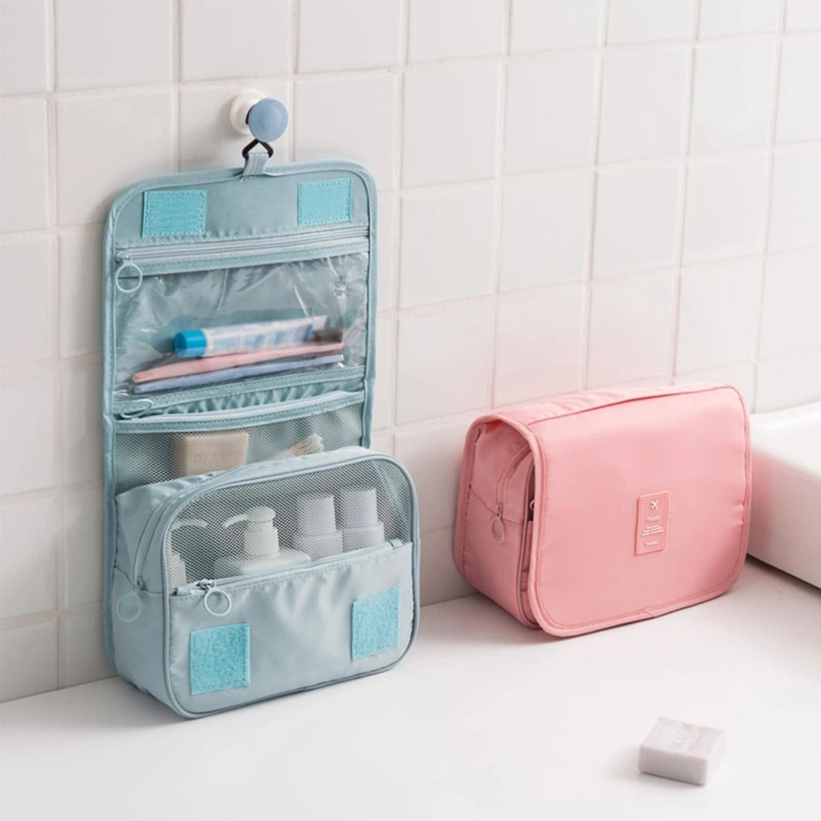 掛式旅行化妝包,帶掛鉤,可折疊化妝品組織者,適合女性和女孩的生日禮物,郵輪旅行必備,海灘包,海灘用品,沙灘浴巾組織袋,海灘配件,度假包,夏日旅行必備 - 藍色 - 查看 1