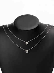 Rhinestone Heart Decor Layered Chain Necklace Valentines - Silver - View 3