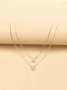 Rhinestone Heart Decor Layered Chain Necklace Valentines - Silver - View 4