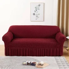 1pc High Elasticity Bubble Chiffon Sofa Cover With Skirt Style, Four Seasons General Bubble Grid Sofa Cover, Pet-Proof, Easy To Install Sofa Protector - Burgundy - View 3