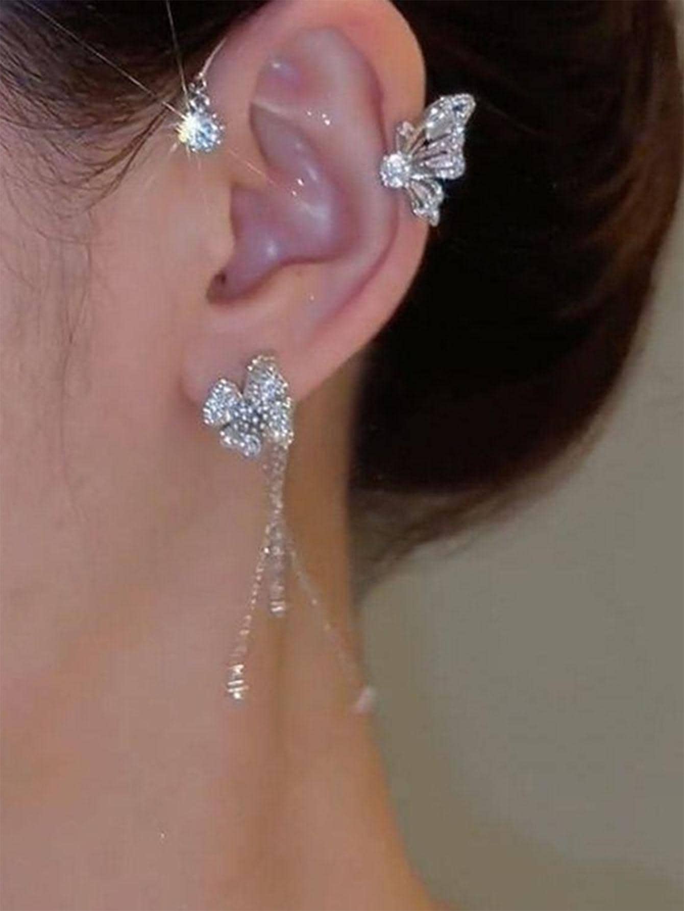 1pc Rhinestone Butterfly Decor Ear Wrap - Silver - View 1